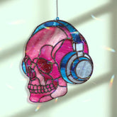 Skull Headphones Acrylic Suncatcher, Stained Glass Style Pink Skull with Blue Headset Window Hanging, Gothic Music Lover Home Décor Gift